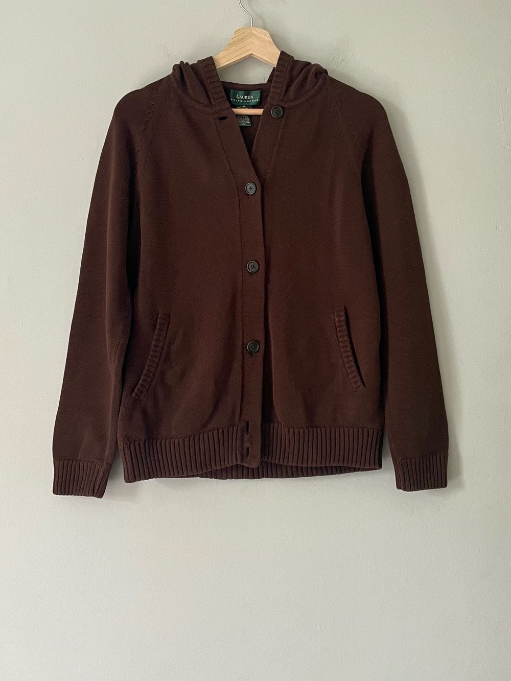Lauren Ralph Lauren Brown Cotton Knit Hooded Cardigan